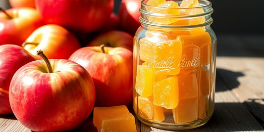Apple cider vinegar gummies and fresh apples.