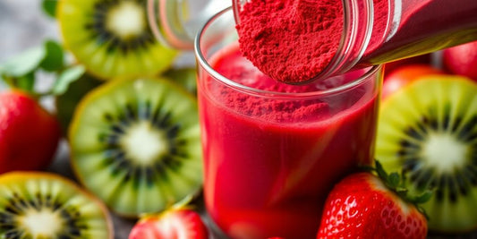 Kiwi strawberry red superfood powder in a glass.
