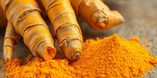 Vibrant turmeric root and golden powder.