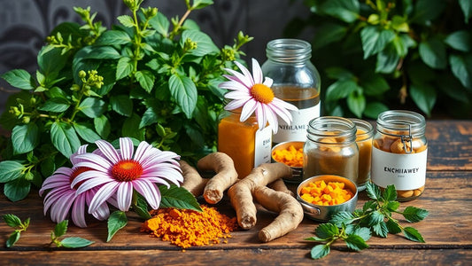 Echinacea flowers, turmeric roots, herbal supplements on wooden table