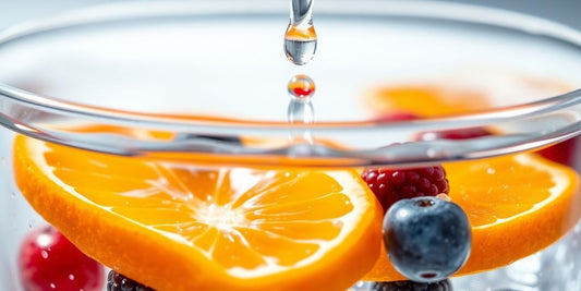 Electrolyte drops in glass of water with fruit.