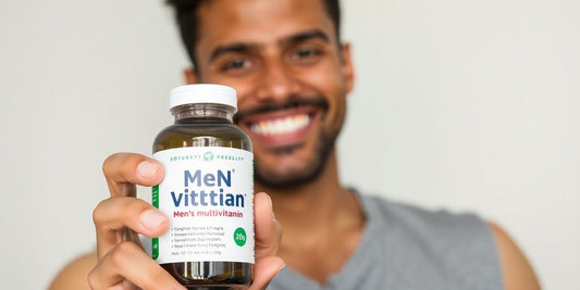 Man holding a bottle of men's multivitamin.