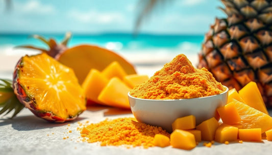 Scoop of Tropical Sunrise pre-workout powder with tropical fruits.