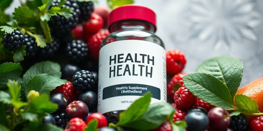 Bottle of health supplement blend surrounded by fresh ingredients.