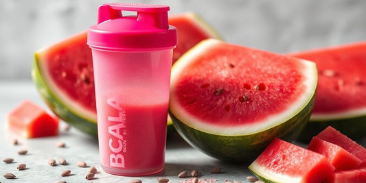 Watermelon BCAA powder with fresh watermelon slices.