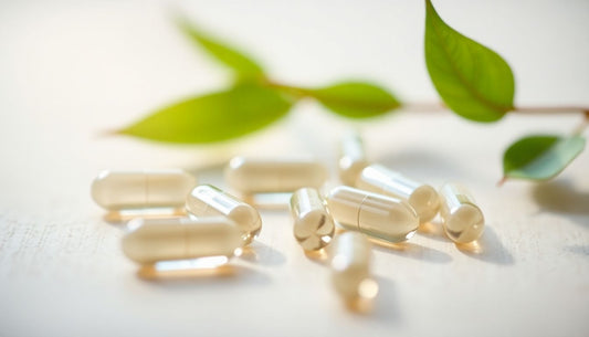 Capsules with a soft glow, surrounded by calming natural elements.