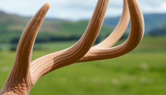 Close-up of deer antler velvet with lush green grass in the background.