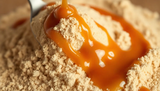 Scoop of salted caramel protein powder with caramel drizzle.