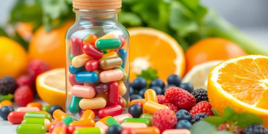 Daily multivitamin bottle with vibrant fruits and vegetables.