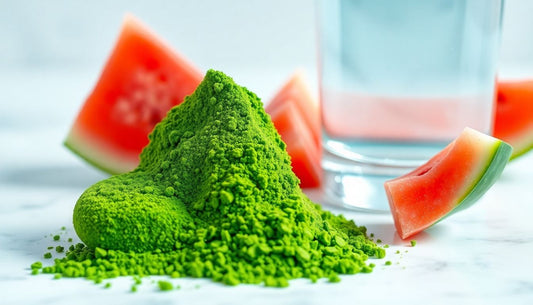 A vibrant scoop of green powder next to a glass of water and fresh watermelon slices.