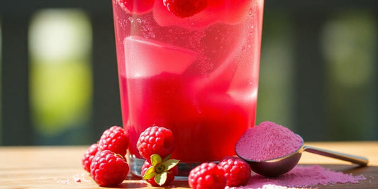 Raspberry iced tea powder with refreshing raspberries.