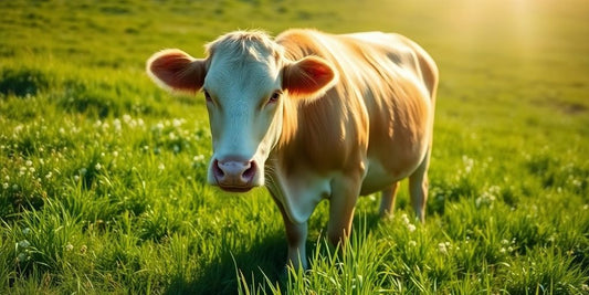 Grass fed cow grazing in a lush green pasture.