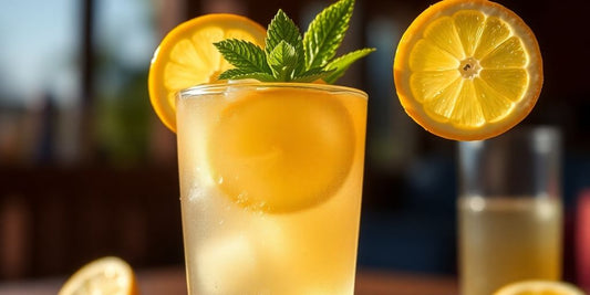 Refreshing lemonade pre-workout drink with lemon slices.