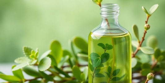 Eucalyptus mint hair oil bottle with leaves.