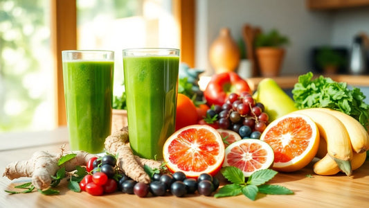 Fresh fruits, herbs, and green smoothie on kitchen table.