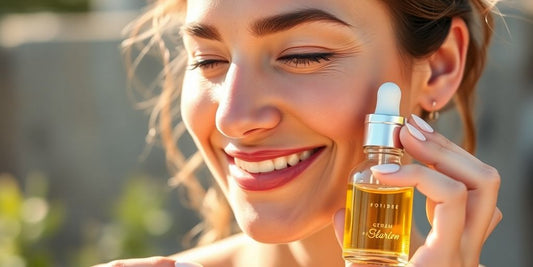 Woman with glowing skin holding a Vitamin C serum bottle.