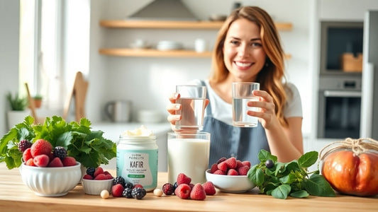 Smiling woman with yogurt, berries, and probiotics in bright kitchen.