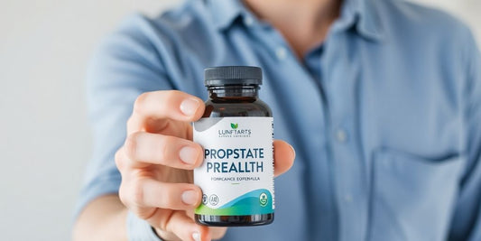 Man holding prostate health supplement bottle.