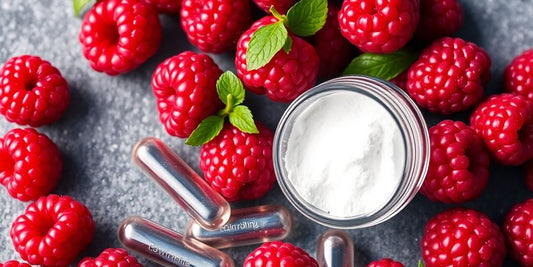 Raspberry ketone capsules next to fresh raspberries.