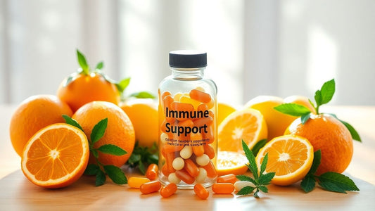 Supplements bottle with citrus fruits and mint leaves