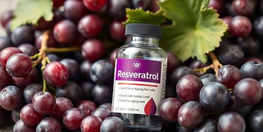 Resveratrol supplement bottle with vibrant grapes and heart.