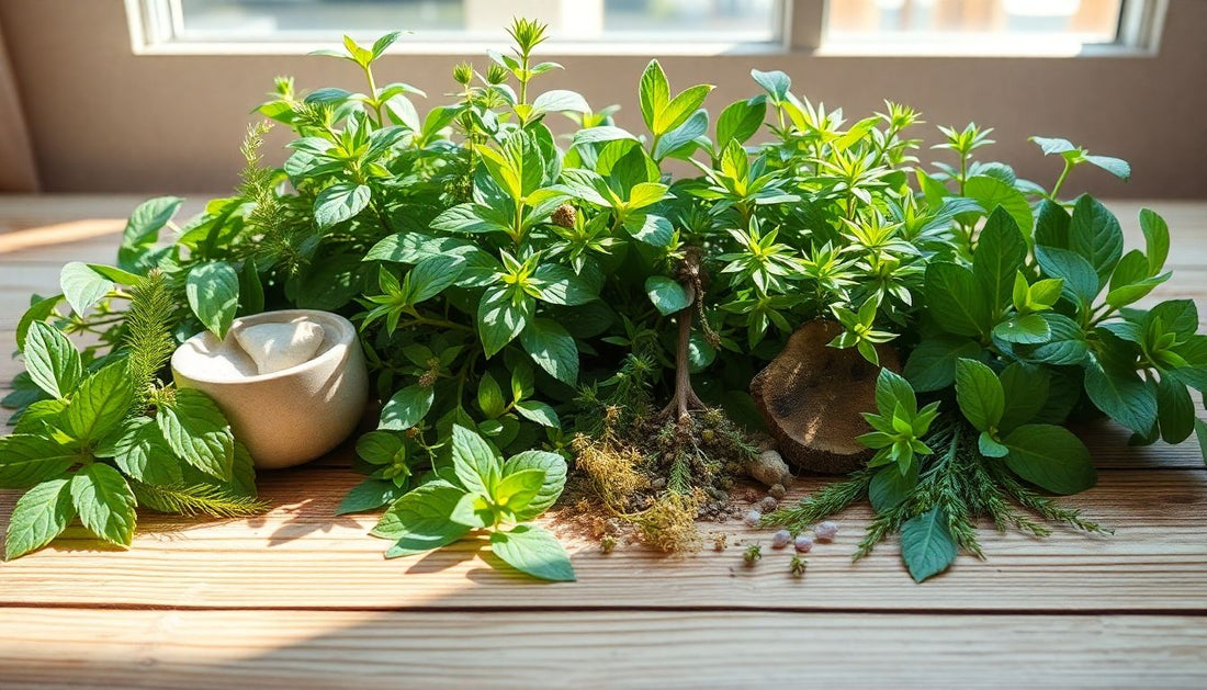 A serene arrangement of various adaptogenic herbs and plants.