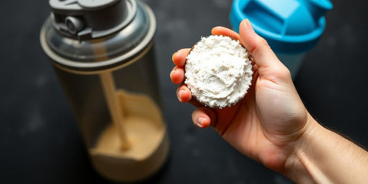 Person mixing glutamine powder in a shaker bottle.