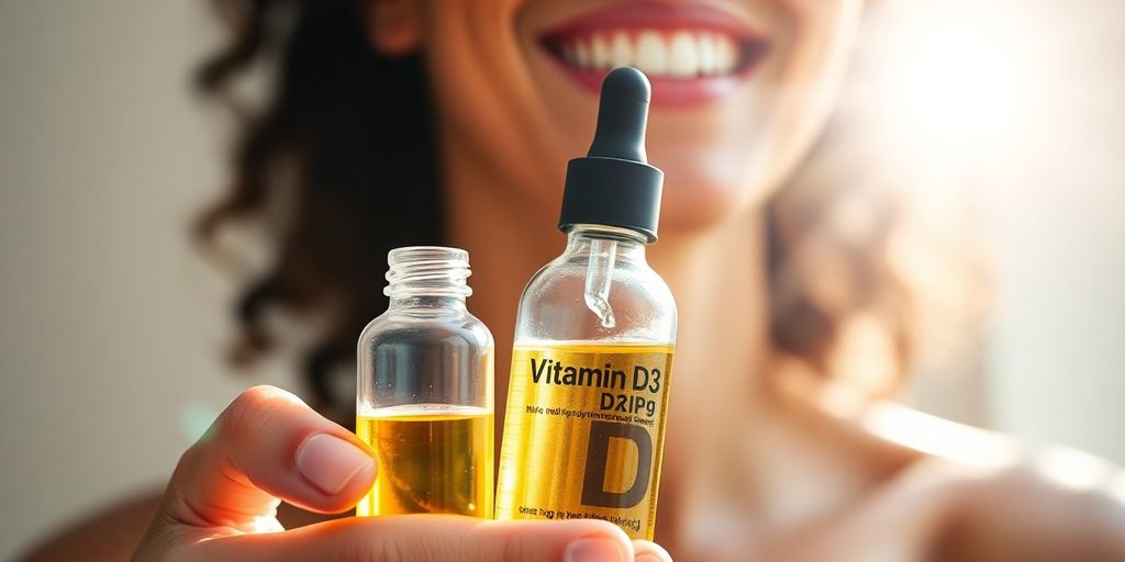 Bottle of liquid Vitamin D3 drops with a healthy adult.