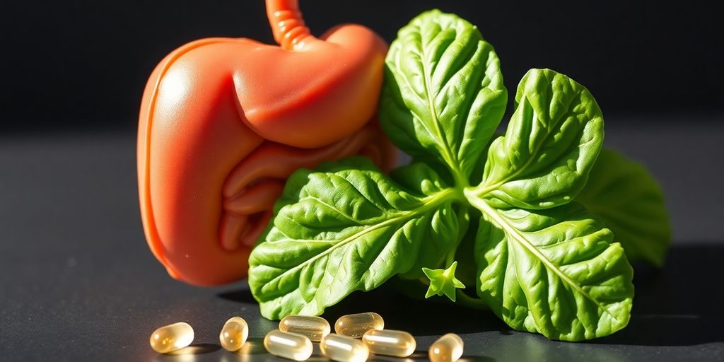 Green leaves, healthy pancreas model, digestive enzymes.