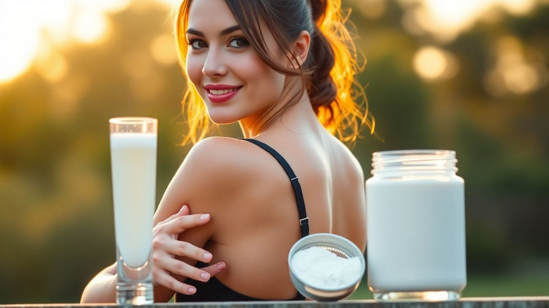 Woman with glowing skin beside collagen drink, hand on knee.