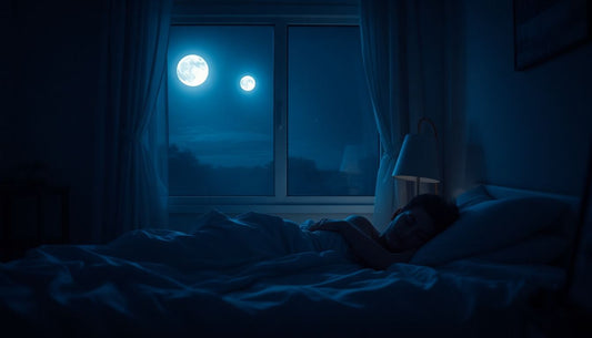 A person peacefully sleeping in a dark room, bathed in soft moonlight.