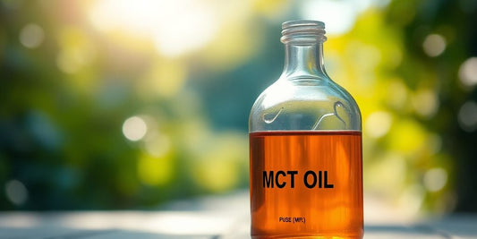 Bottle of pure MCT oil with a vibrant, healthy lifestyle background.