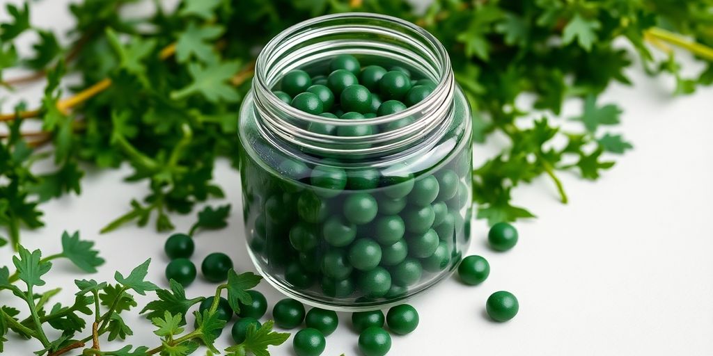 Chlorella tablets in a glass jar with green leaves.