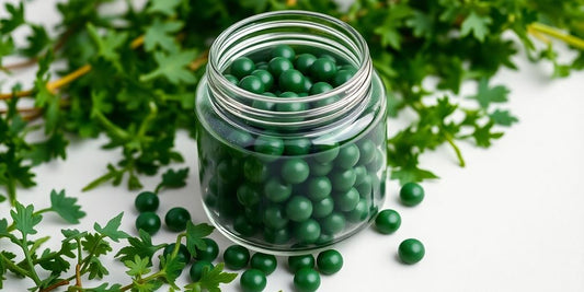 Chlorella tablets in a glass jar with green leaves.