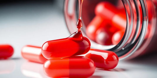 L-Arginine capsules bottle with flowing red liquid.