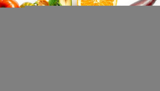 Colorful supplements, fruits, and greens arranged on a white surface.