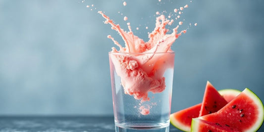 Watermelon pre-workout powder with splashing water.