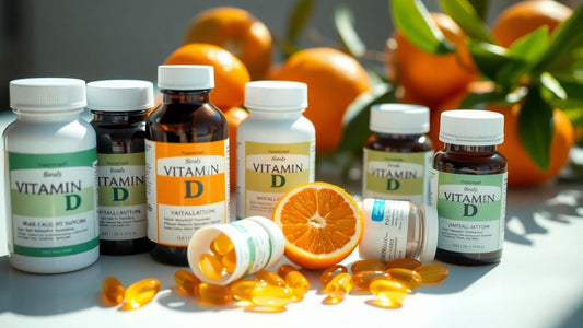 Vitamin D supplement bottles and capsules with fresh oranges