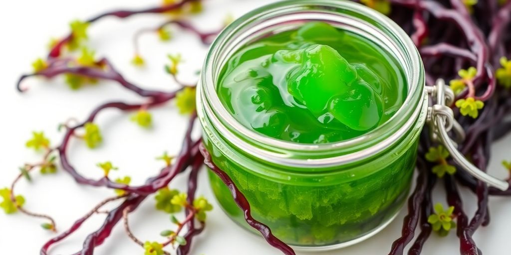 Sea moss gel and fresh seaweed on a wooden surface.