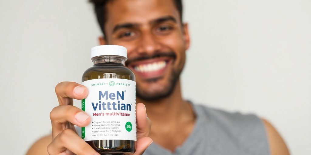Man holding a bottle of men's multivitamin.
