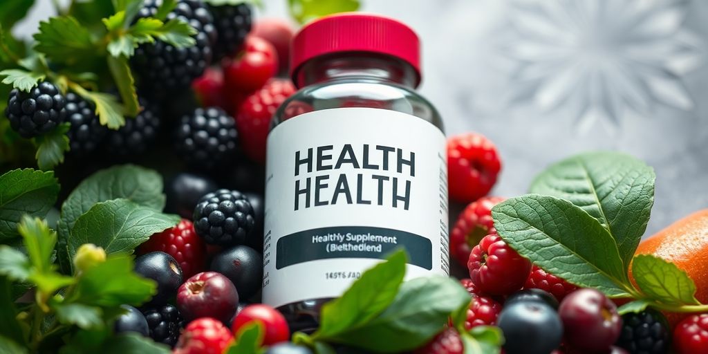 Bottle of health supplement blend surrounded by fresh ingredients.