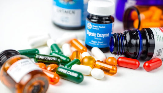 Close-up of various digestive enzyme capsules and tablets.