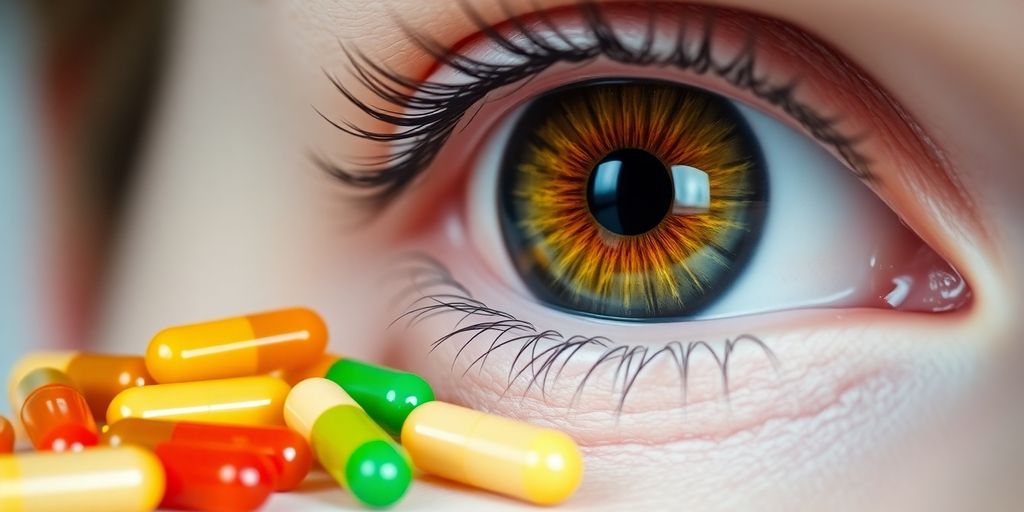 Nutritional supplements and vibrant eye close-up