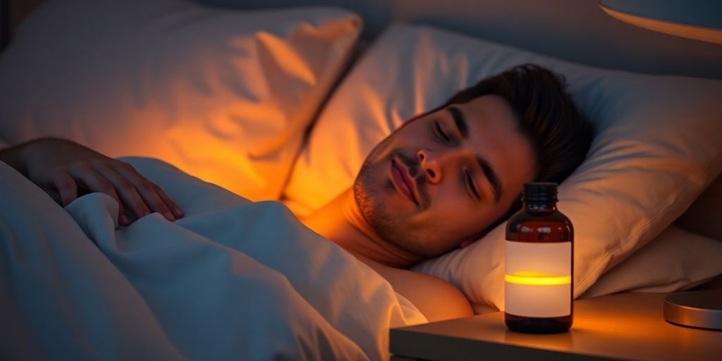 Man sleeping peacefully, glowing melatonin bottle nearby.