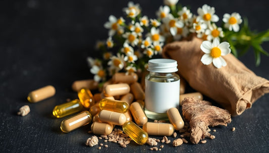 Capsules and herbs arranged artistically on a dark, serene background.