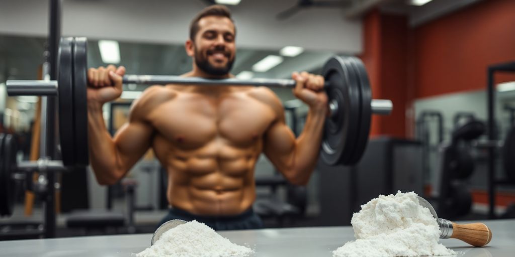 Man lifting weights with creatine powder.