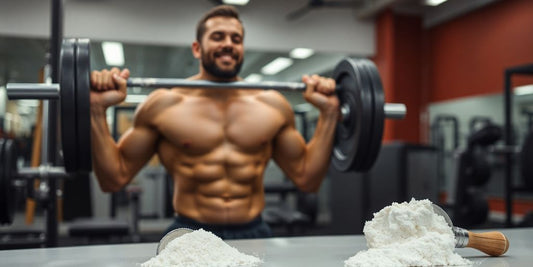Man lifting weights with creatine powder.