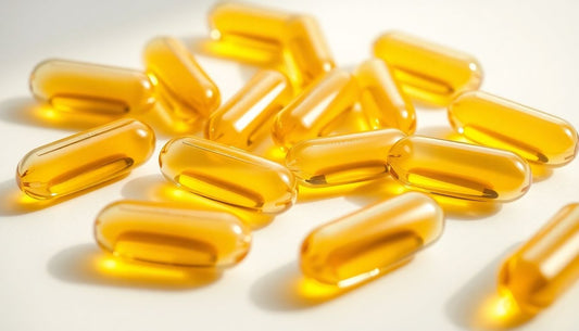 Clear fish oil capsules with a subtle blue liquid inside.