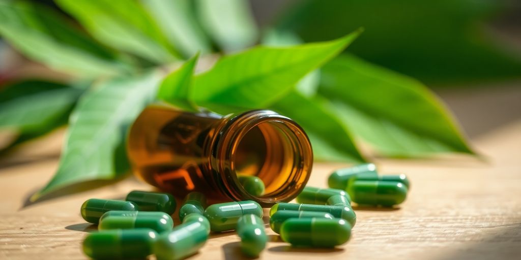 Open bottle, scattered capsules, green leaves, soft light.