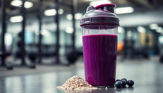 Scoop of grape BCAA powder with water in a shaker bottle.